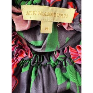 Ann Mashburn Womens Floral Ruffle Neck Blouse Navy Pink Green Satin Top Medium
